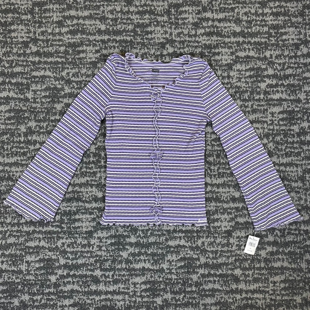 Levi's Striped Rib Knit Top Womens XL Purple Lettuce Edge Ruffle Bows NWT